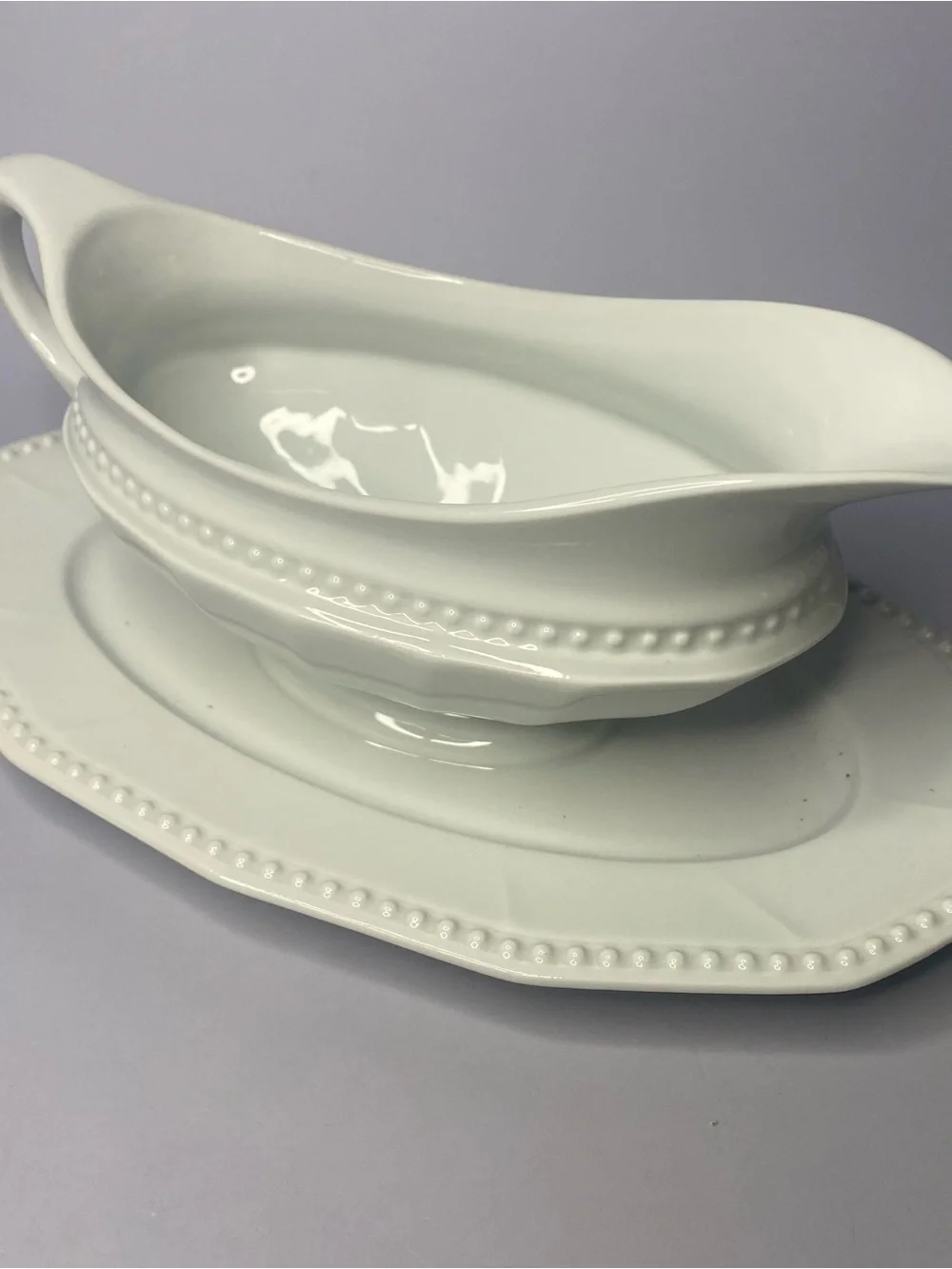 Vintage Hutschenreuther Porcelain Gravy Boat Attached Underplate White Beaded